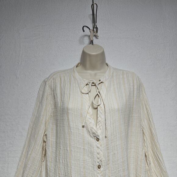 Zara Women's SZ M cream Tan Stripe‎ Beachy Top Linen Preppy Coastal - Picture 2 of 9